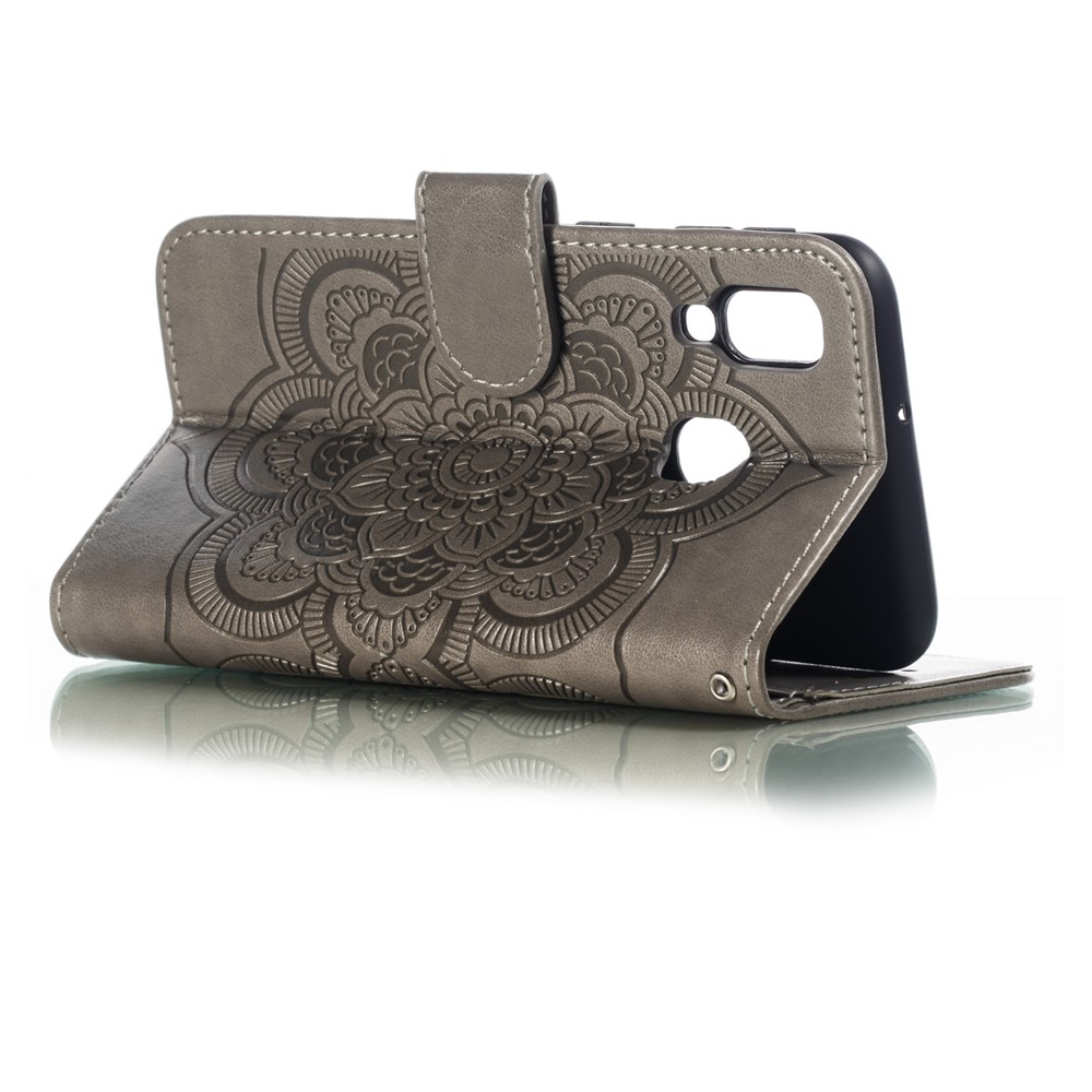 Imprint Mandala Flower Leather Wallet Case for Samsung Galaxy A40 - Grey-7