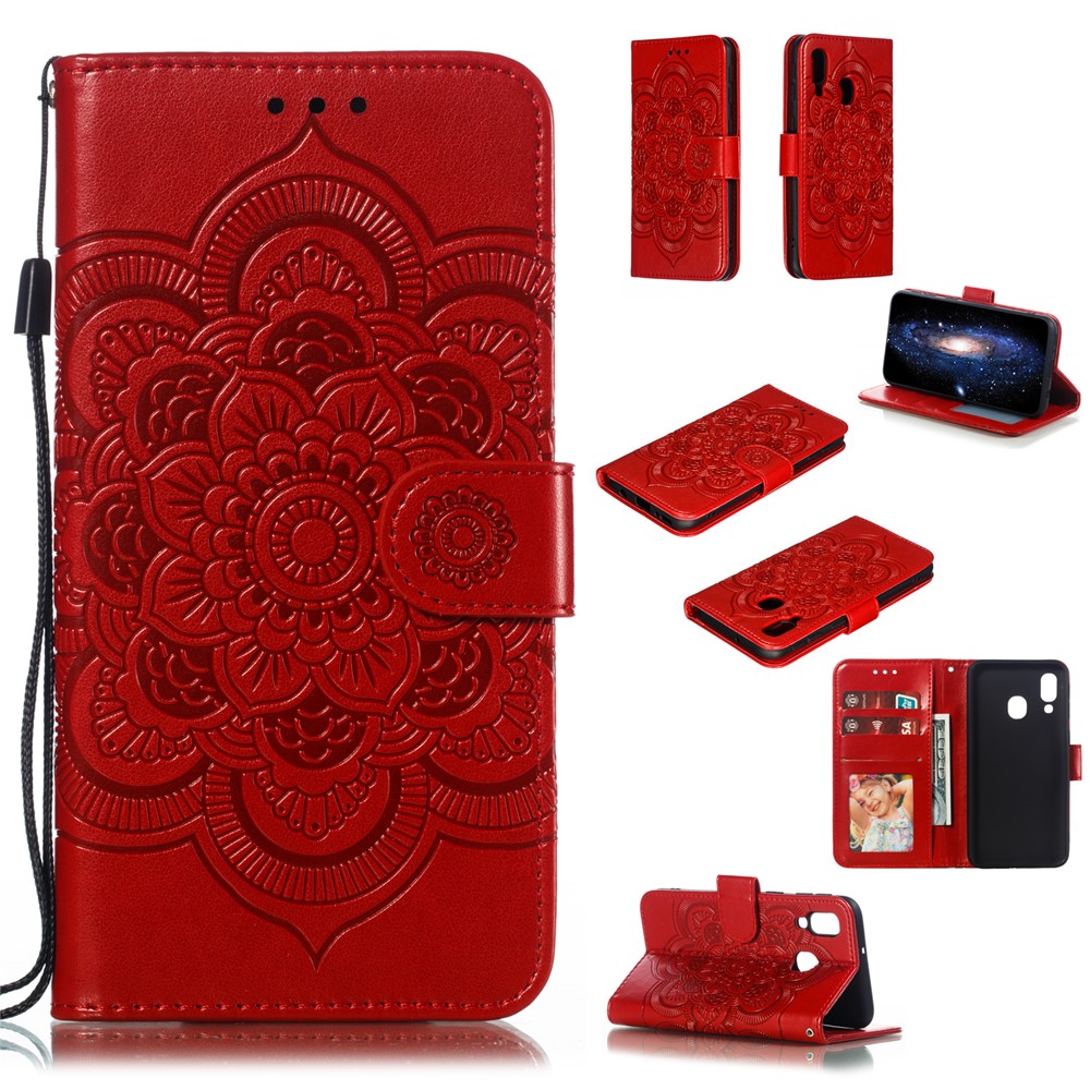 Imprint Mandala Flower Leather Wallet Case for Samsung Galaxy A40 - Red-1