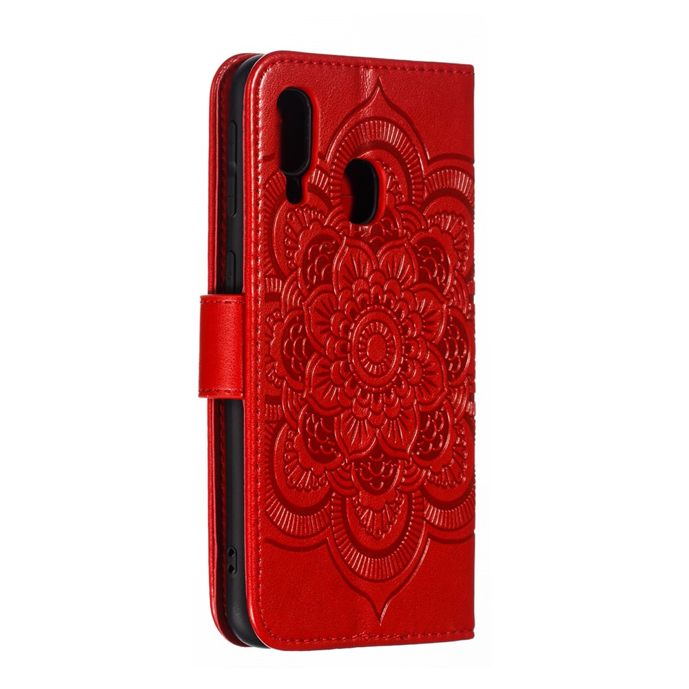 Imprint Mandala Flower Leather Wallet Case for Samsung Galaxy A40 - Red-4