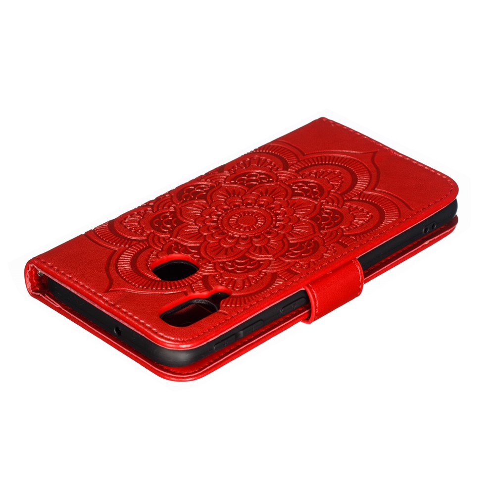 Imprint Mandala Flower Leather Wallet Case for Samsung Galaxy A40 - Red-6