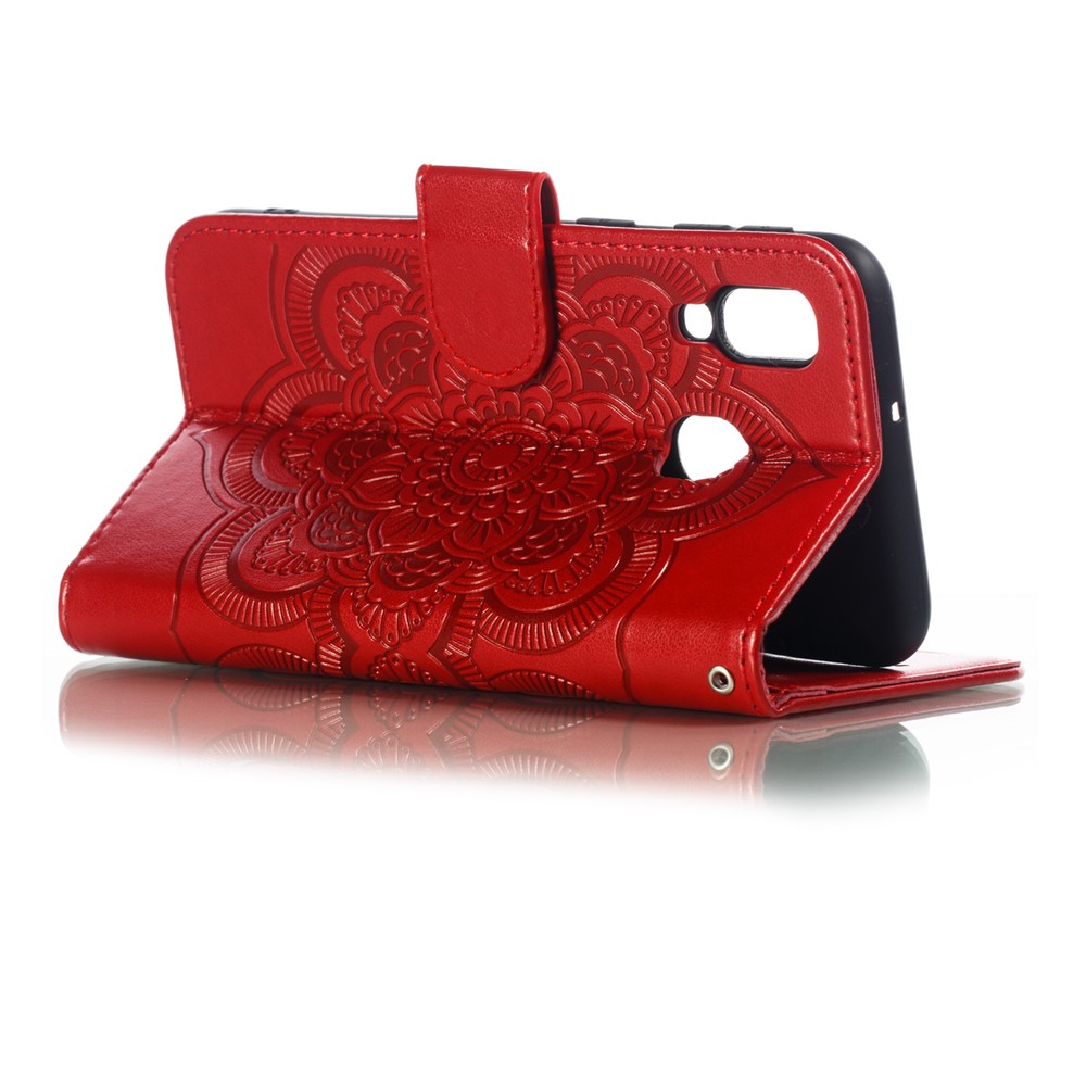 Imprint Mandala Flower Leather Wallet Case for Samsung Galaxy A40 - Red-7