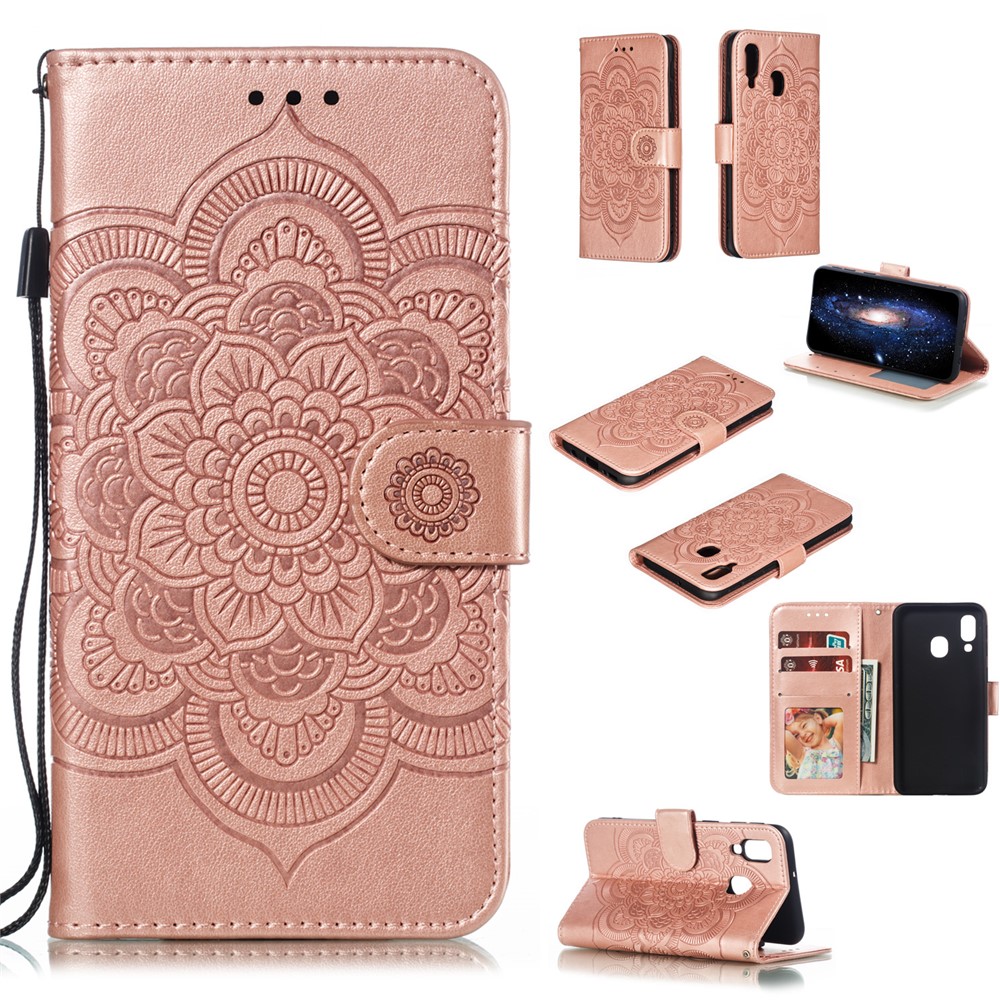 Imprint Mandala Flower Leather Wallet Case for Samsung Galaxy A40 - Rose Gold-1
