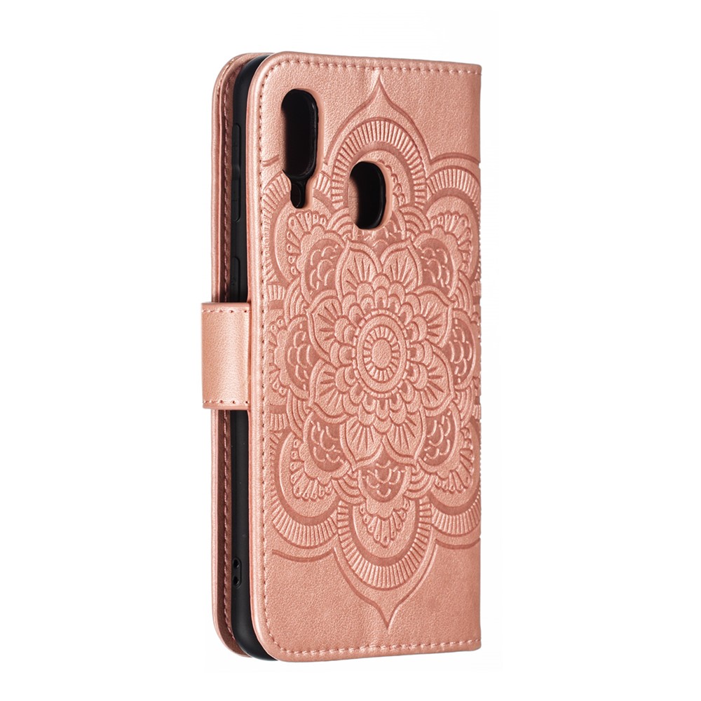Imprint Mandala Flower Leather Wallet Case for Samsung Galaxy A40 - Rose Gold-4