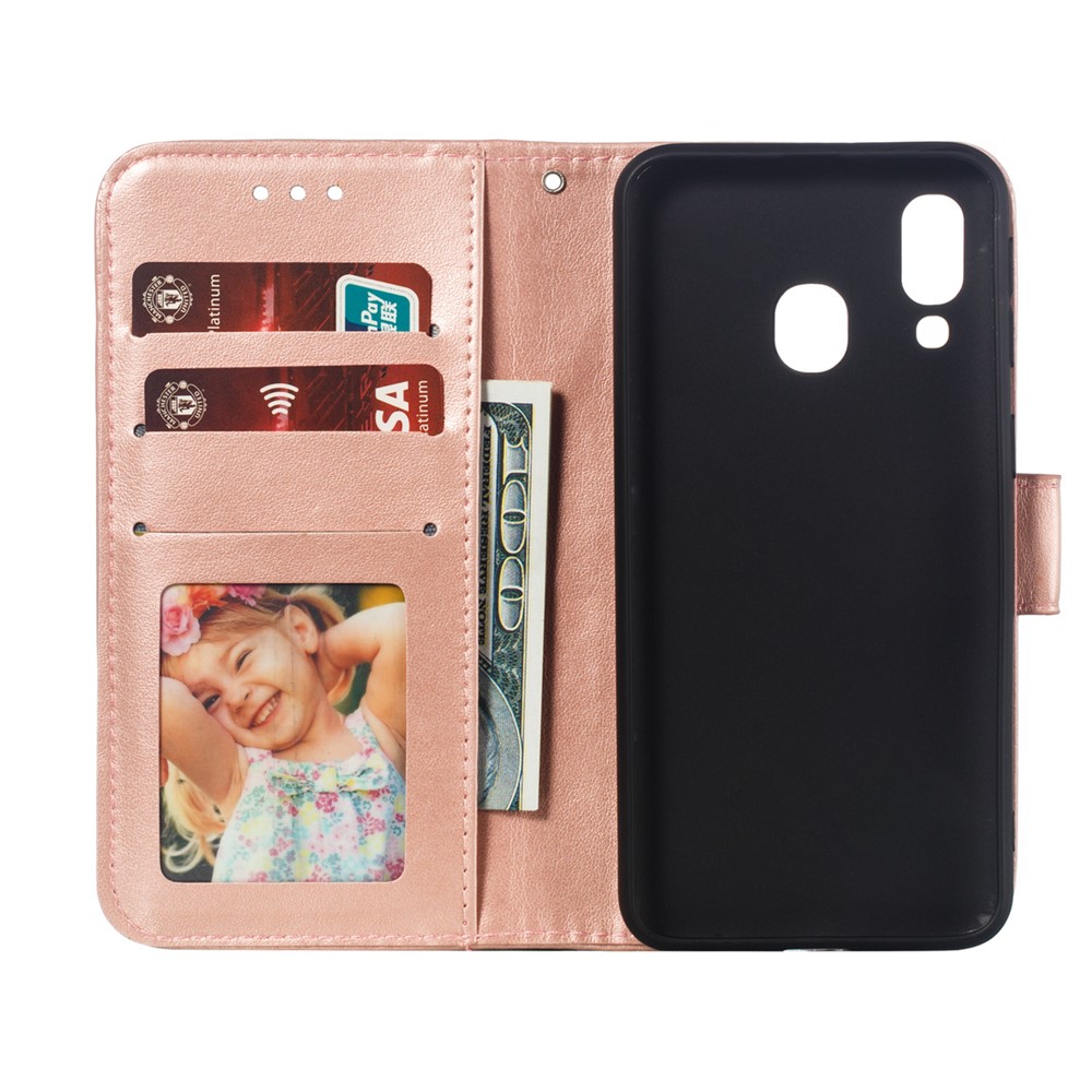 Imprint Mandala Flower Leather Wallet Case for Samsung Galaxy A40 - Rose Gold-9