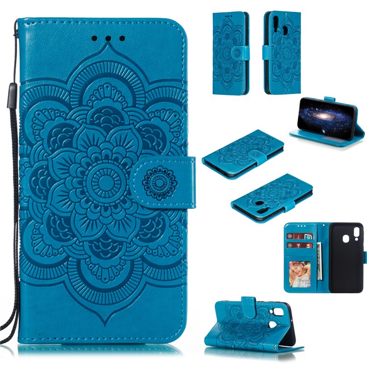 Imprint Mandala Flower Leather Wallet Case for Samsung Galaxy A40 - Blue-1