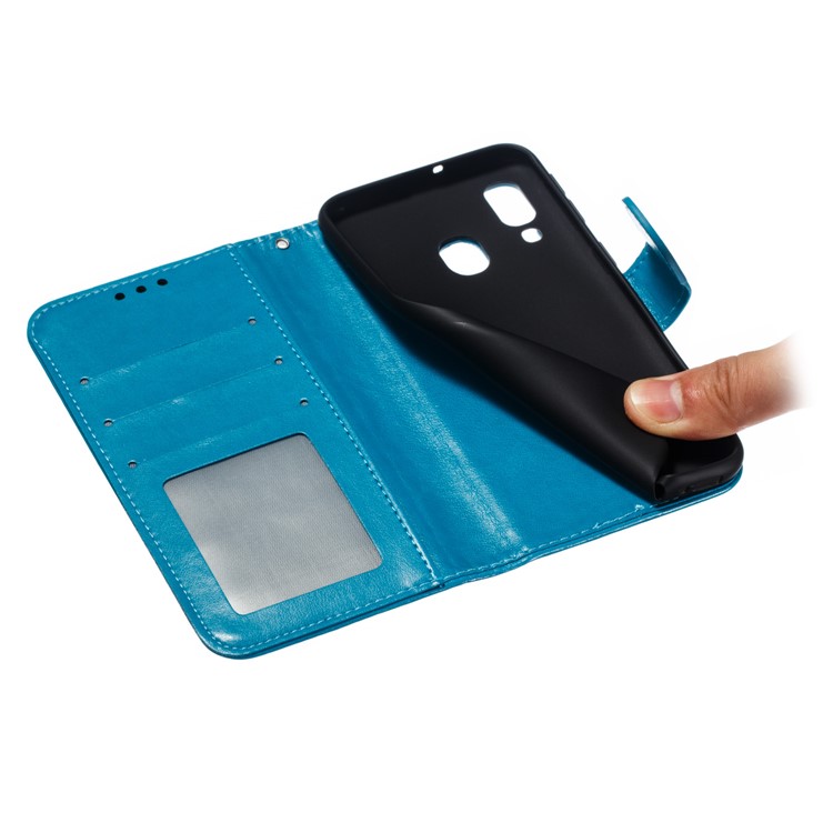 Imprint Mandala Flower Leather Wallet Case for Samsung Galaxy A40 - Blue-10