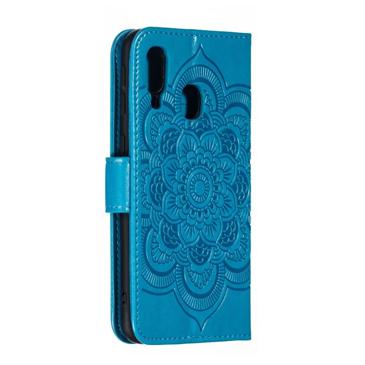 Imprint Mandala Flower Leather Wallet Case for Samsung Galaxy A40 - Blue-4