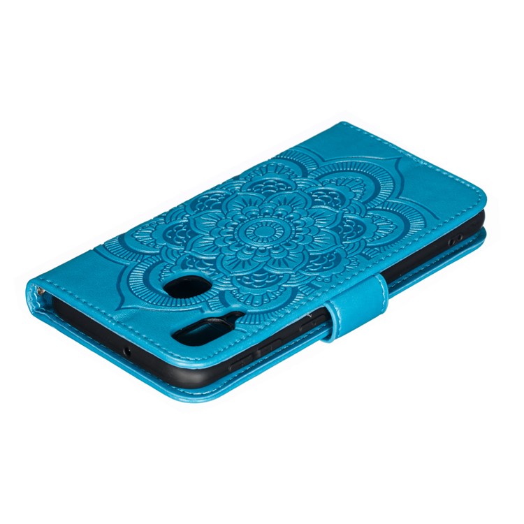 Imprint Mandala Flower Leather Wallet Case for Samsung Galaxy A40 - Blue-6