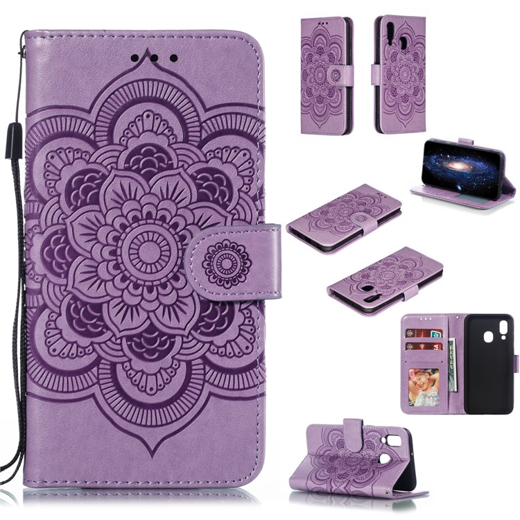 Imprint Mandala Flower Leather Wallet Case for Samsung Galaxy A40 - Purple-1