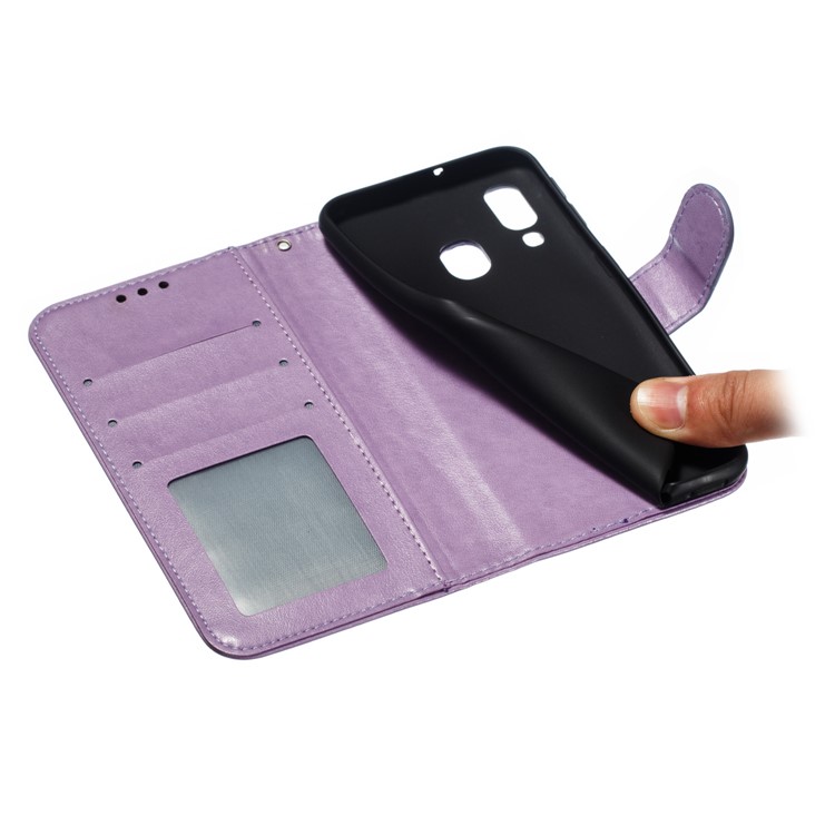 Imprint Mandala Flower Leather Wallet Case for Samsung Galaxy A40 - Purple-10