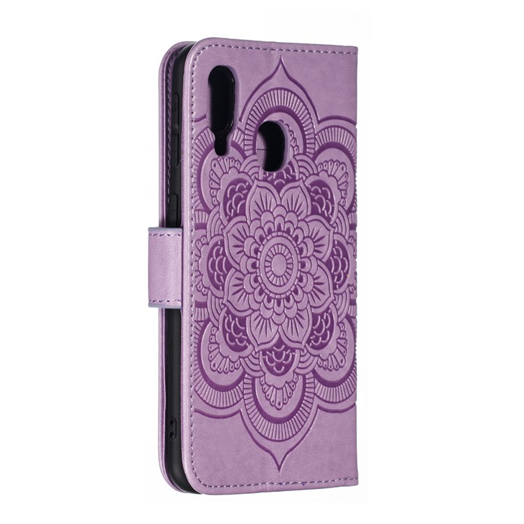 Imprint Mandala Flower Leather Wallet Case for Samsung Galaxy A40 - Purple-4