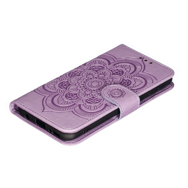 Imprint Mandala Flower Leather Wallet Case for Samsung Galaxy A40 - Purple-5