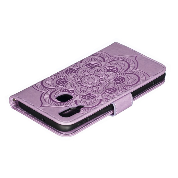 Imprint Mandala Flower Leather Wallet Case for Samsung Galaxy A40 - Purple-6