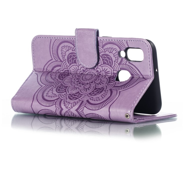 Imprint Mandala Flower Leather Wallet Case for Samsung Galaxy A40 - Purple-7