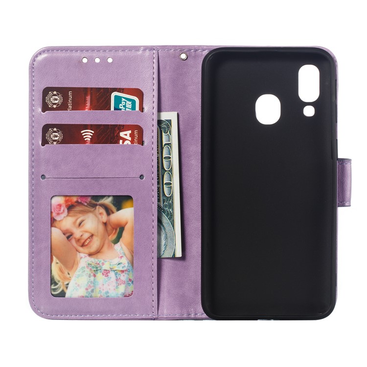 Imprint Mandala Flower Leather Wallet Case for Samsung Galaxy A40 - Purple-9