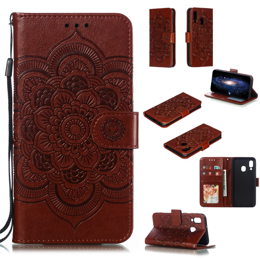 Imprint Mandala Flower Leather Wallet Case for Samsung Galaxy A40 - Brown-1