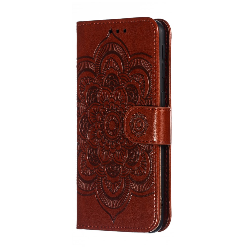 Imprint Mandala Flower Leather Wallet Case for Samsung Galaxy A40 - Brown-3