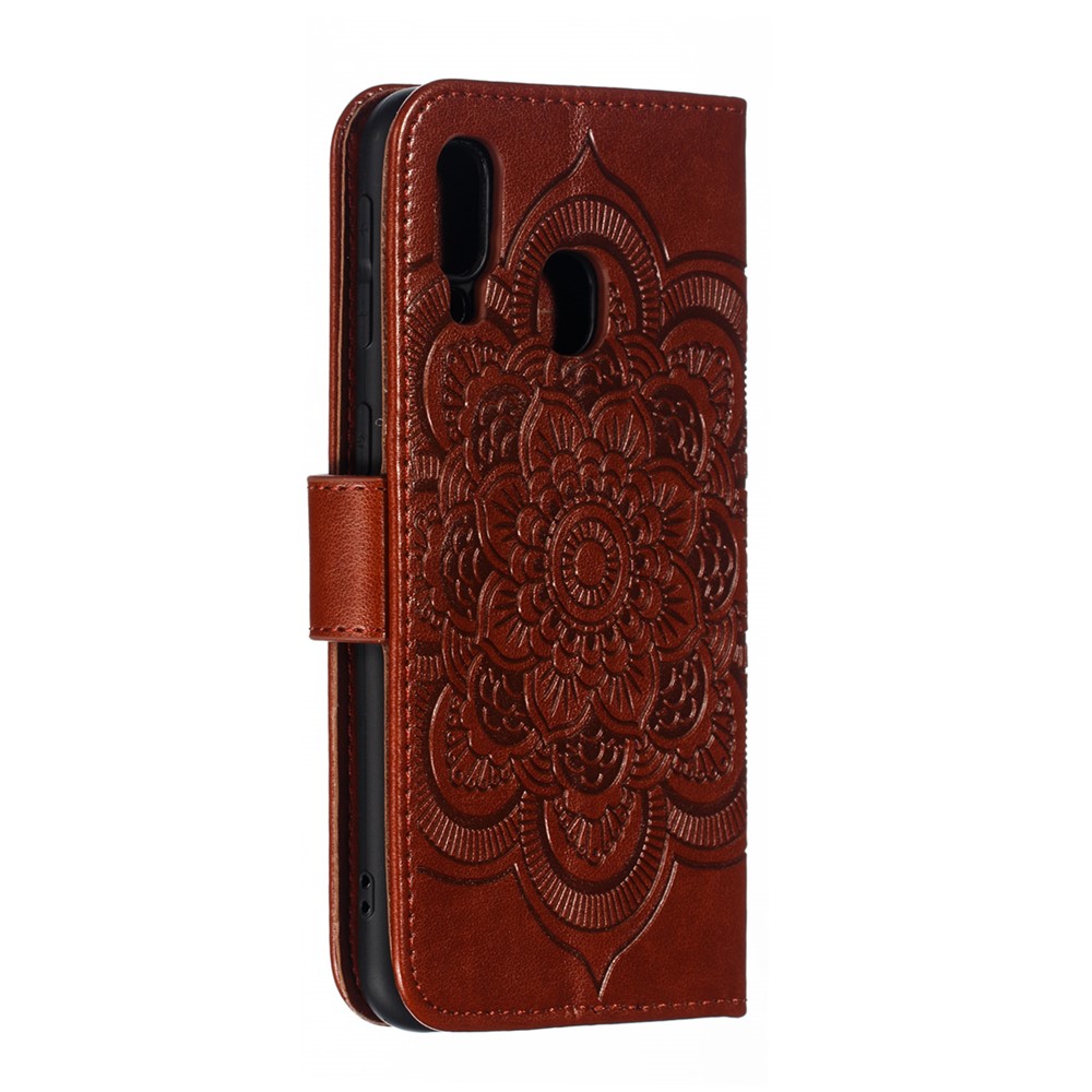 Imprint Mandala Flower Leather Wallet Case for Samsung Galaxy A40 - Brown-4