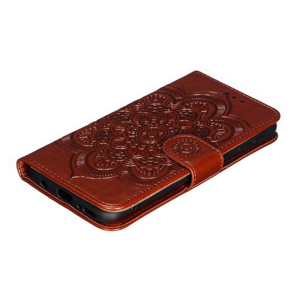 Imprint Mandala Flower Leather Wallet Case for Samsung Galaxy A40 - Brown-5