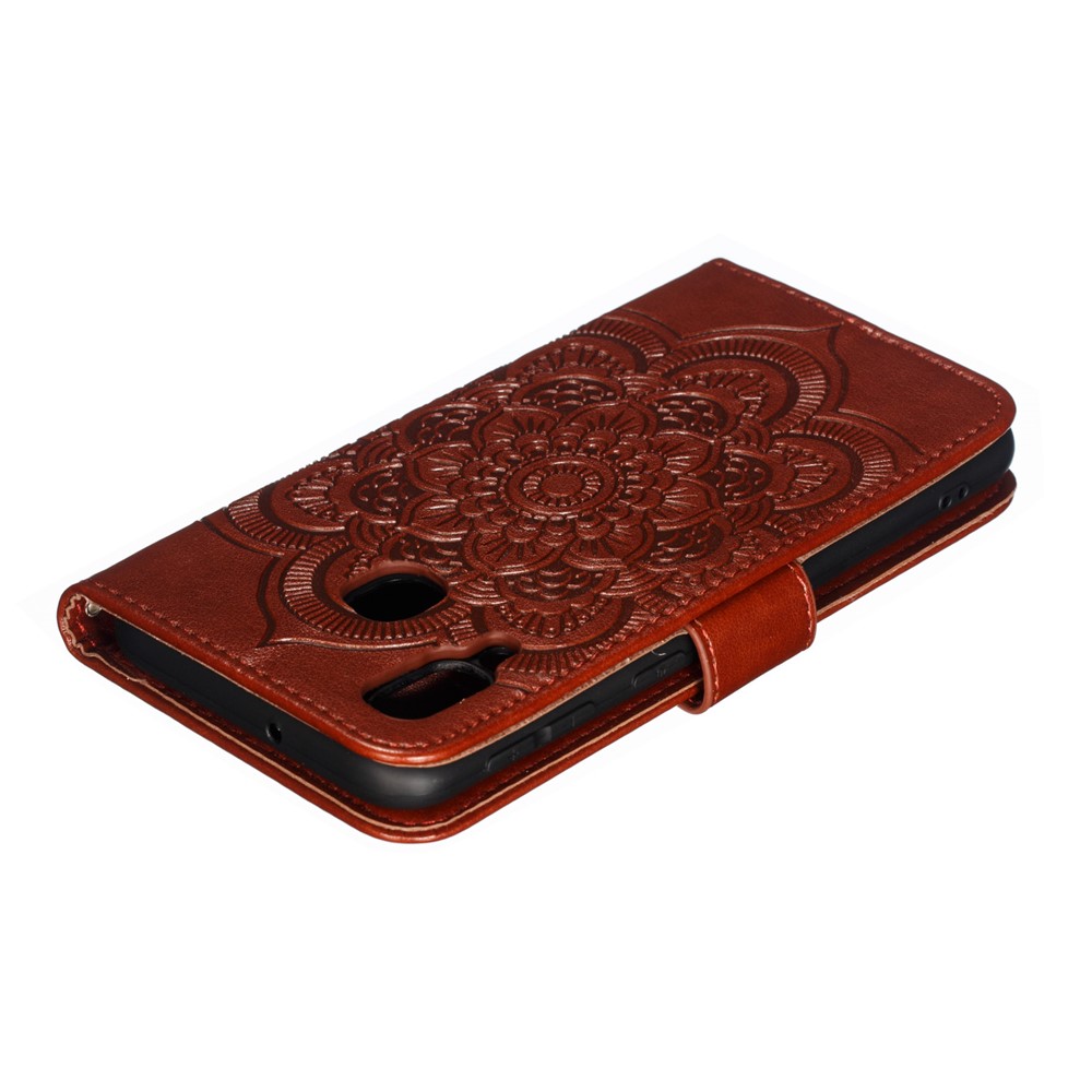 Imprint Mandala Flower Leather Wallet Case for Samsung Galaxy A40 - Brown-6