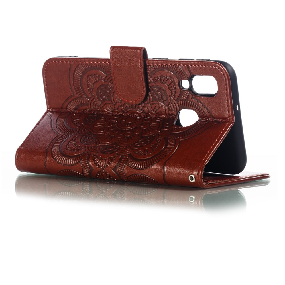 Imprint Mandala Flower Leather Wallet Case for Samsung Galaxy A40 - Brown-7