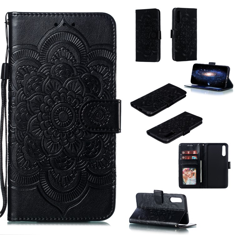 Imprint Mandala Flower Stand Wallet Leather Case for Samsung Galaxy A70 - Black-1