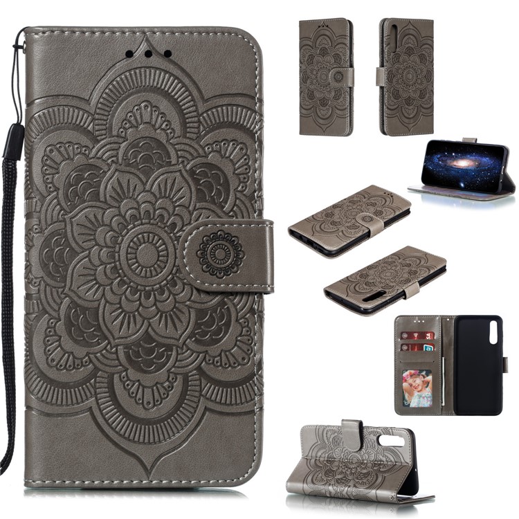 Imprint Mandala Flower Stand Wallet Leather Case for Samsung Galaxy A70 - Grey-1