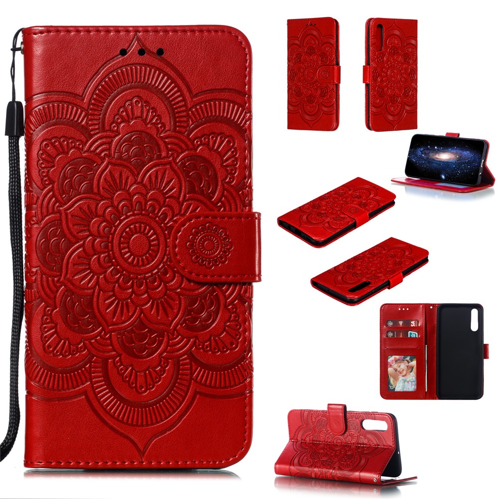 Imprint Mandala Flower Stand Wallet Leather Case for Samsung Galaxy A70 - Red-1