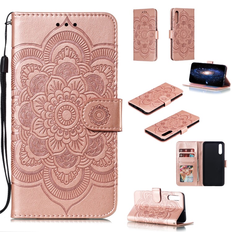 Imprint Mandala Flower Stand Wallet Leather Case for Samsung Galaxy A70 - Rose Gold-1