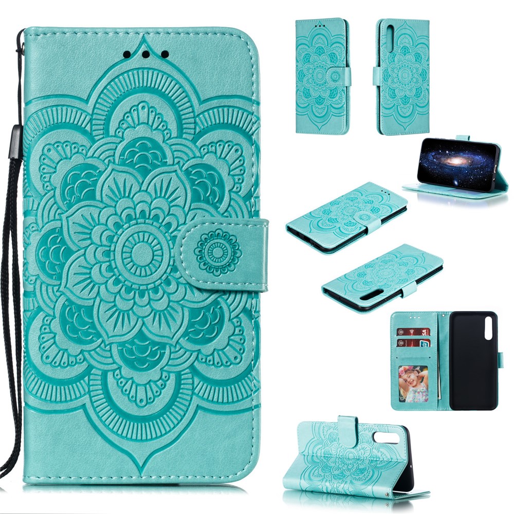 Imprint Mandala Flower Stand Wallet Leather Case for Samsung Galaxy A70 - Cyan-1