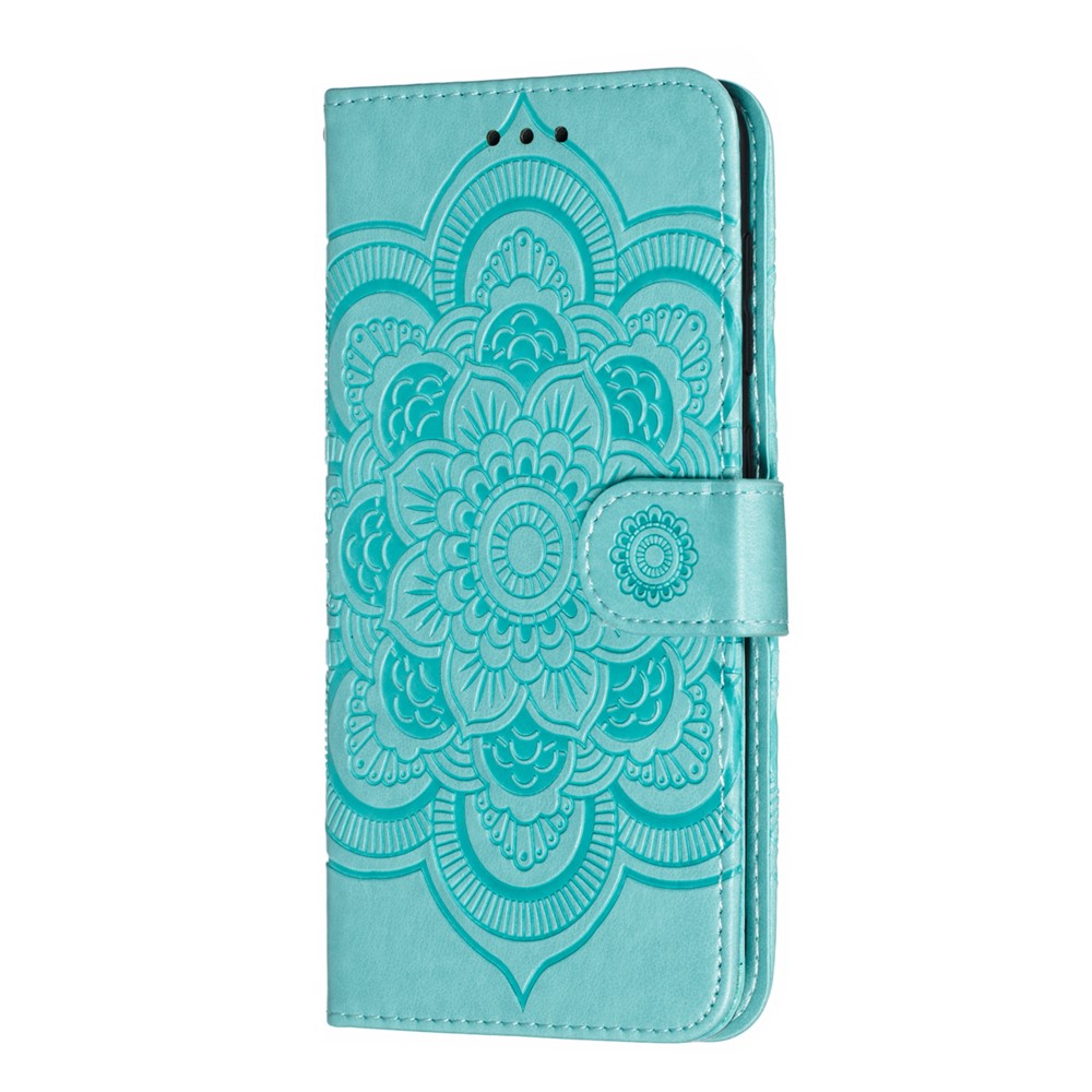 Impronta Mandala Flower Stand Wallet Canda di Pelle Per Samsung Galaxy A70 - Ciano-3