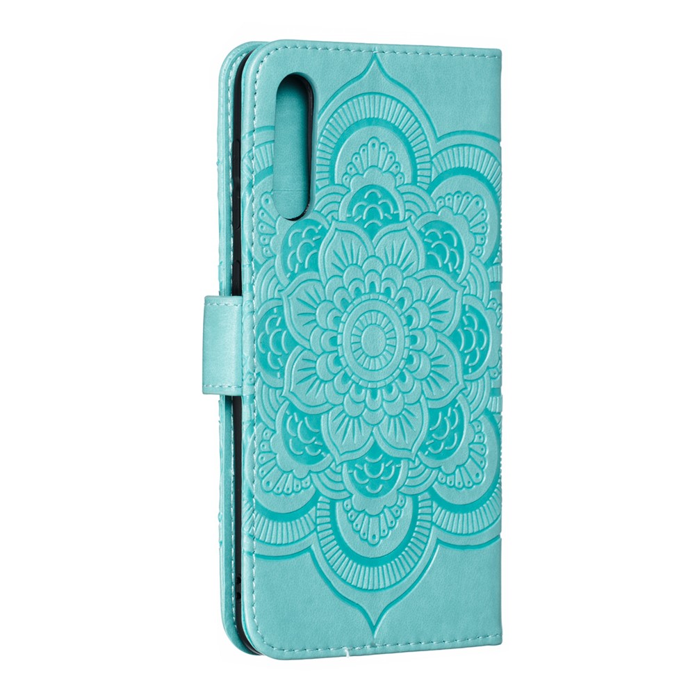 Impronta Mandala Flower Stand Wallet Canda di Pelle Per Samsung Galaxy A70 - Ciano-4