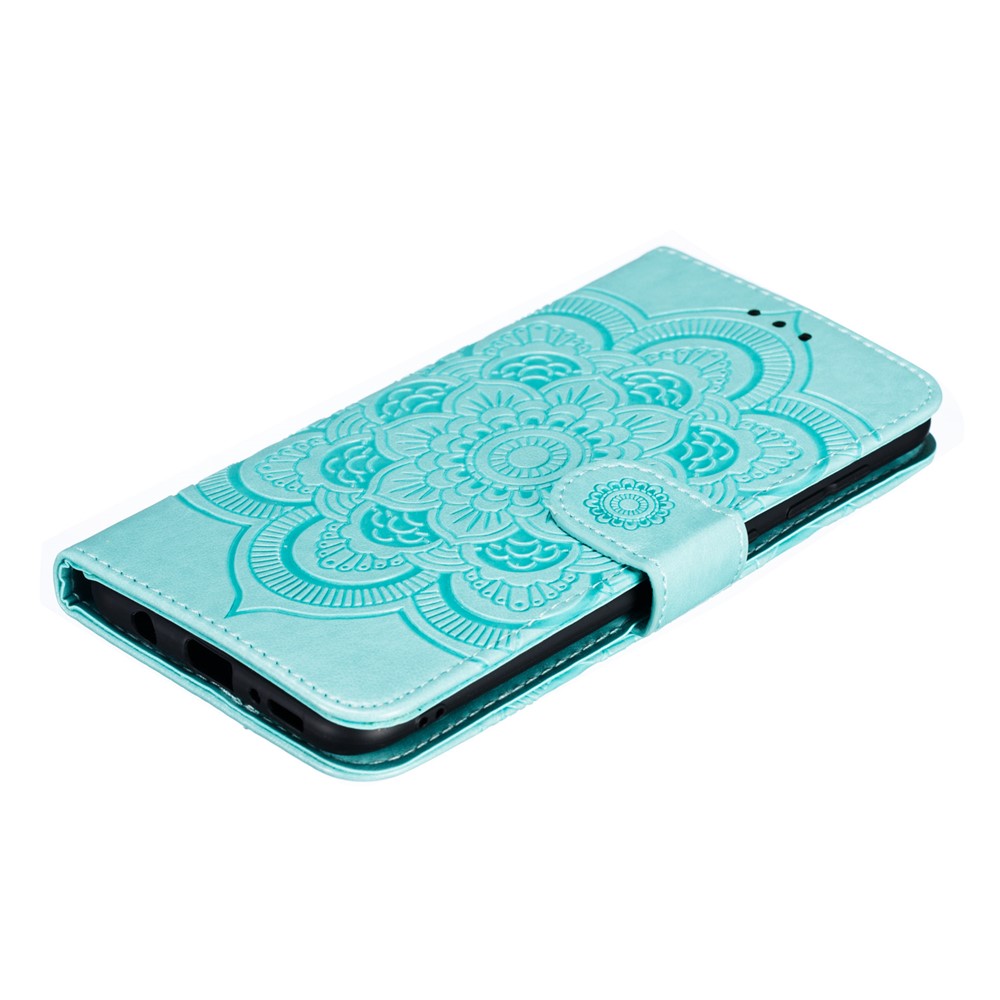 Impronta Mandala Flower Stand Wallet Canda di Pelle Per Samsung Galaxy A70 - Ciano-5