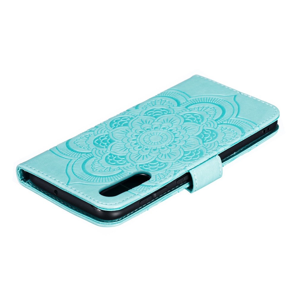 Impronta Mandala Flower Stand Wallet Canda di Pelle Per Samsung Galaxy A70 - Ciano-6