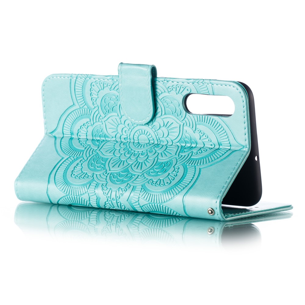 Imprint Mandala Flower Stand Wallet Leather Case for Samsung Galaxy A70 - Cyan-7