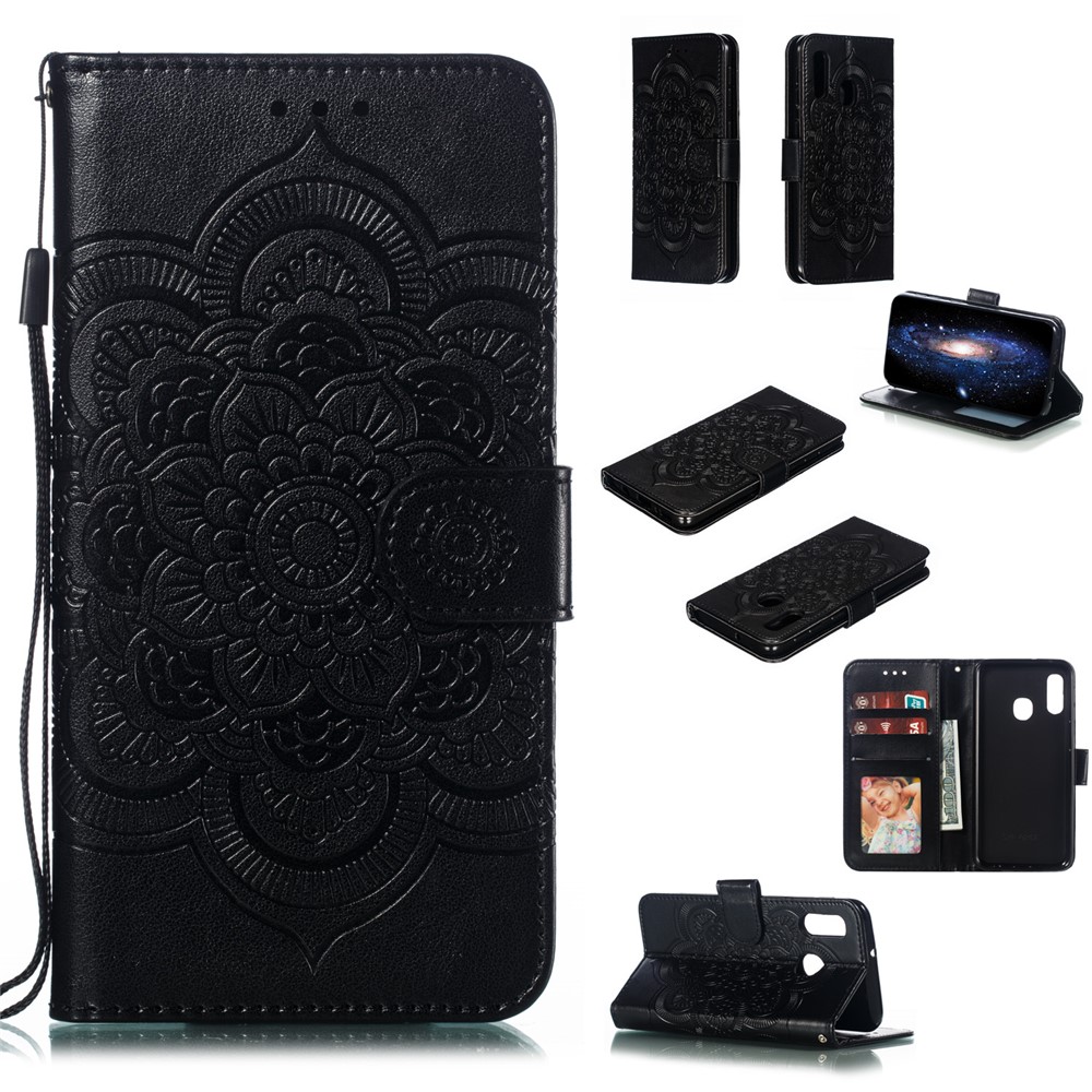 Empreinte Mandala Flower Stand Wallet Cuir Cuir Pour Samsung Galaxy A20e Accessoir de Téléphon - le Noir