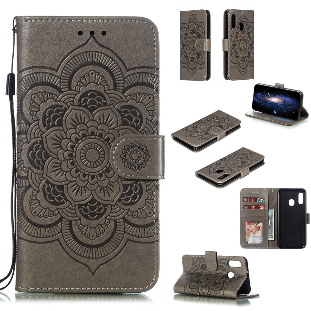 Imprint Mandala Flower Stand Wallet Leather Case for Samsung Galaxy A20e - Grey-1