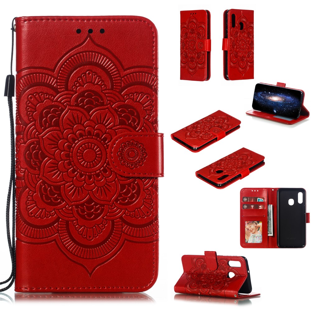 Imprint Mandala Flower Stand Wallet Leather Case for Samsung Galaxy A20e - Red-1