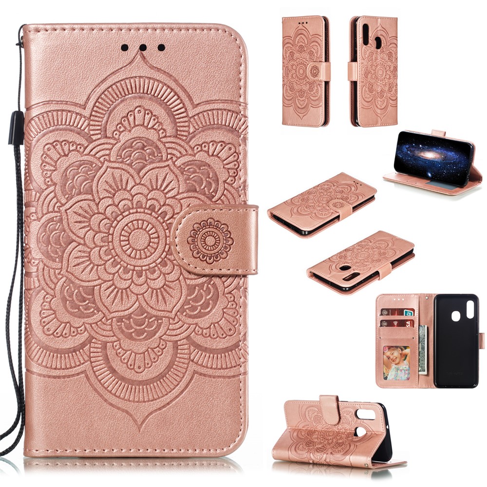 Imprint Mandala Flower Stand Wallet Leather Case for Samsung Galaxy A20e - Rose Gold-1