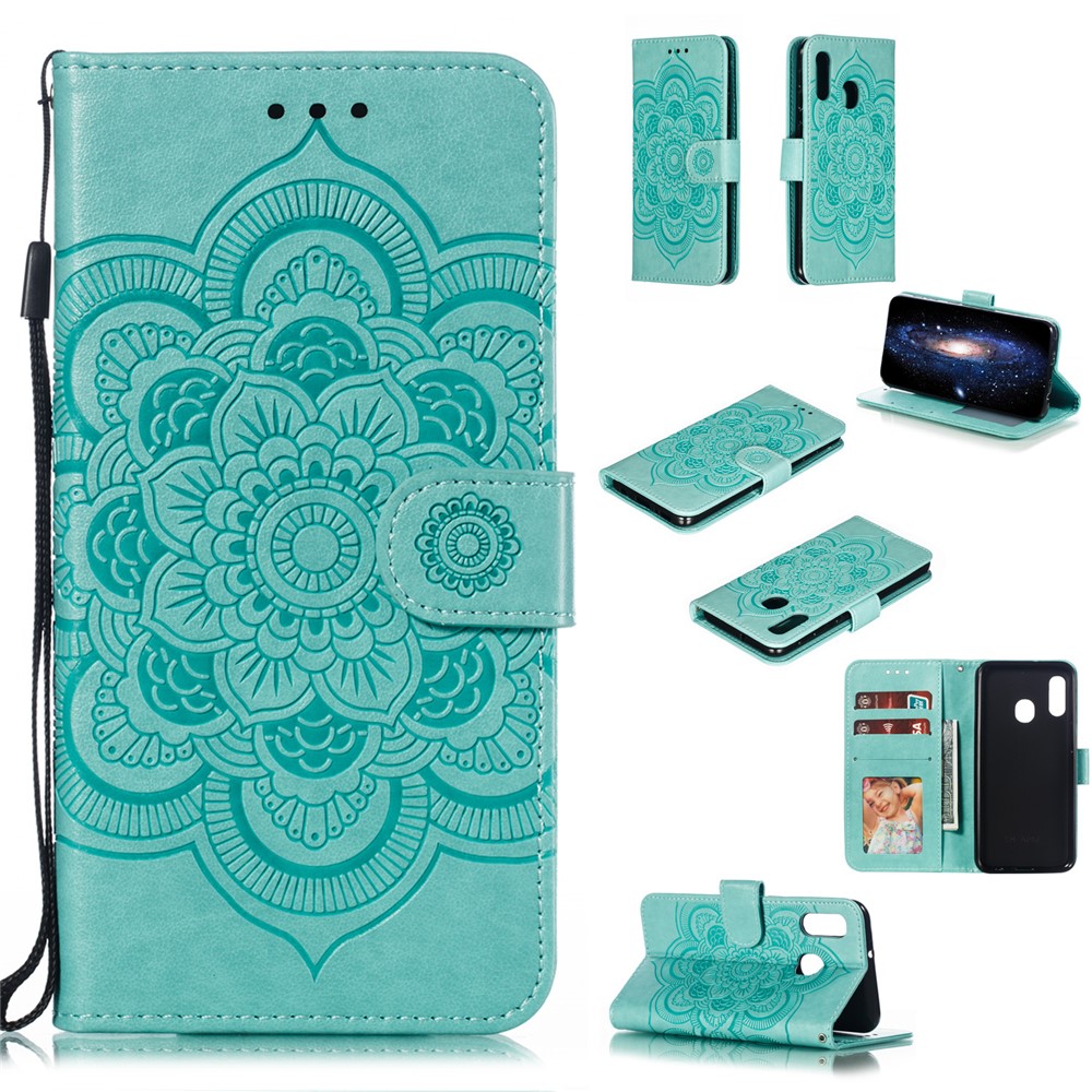 Imprint Mandala Flower Stand Wallet Leather Case for Samsung Galaxy A20e - Cyan-1