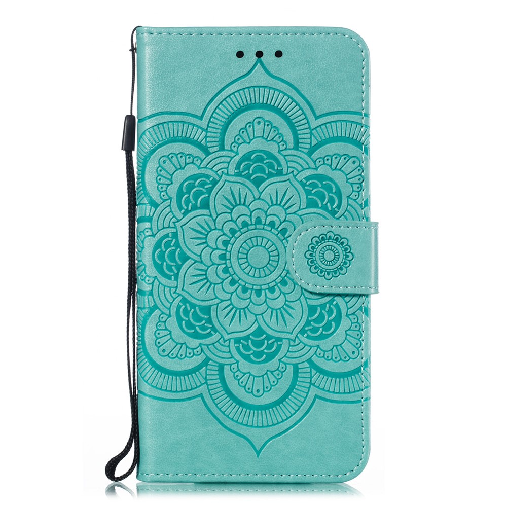 Imprint Mandala Flower Stand Wallet Leather Case for Samsung Galaxy A20e Anti-Scratch Phone Accessory - Cyan-2