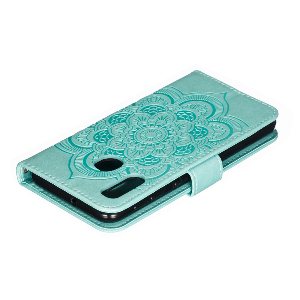 Imprint Mandala Flower Stand Wallet Leather Case for Samsung Galaxy A20e Anti-Scratch Phone Accessory - Cyan-6