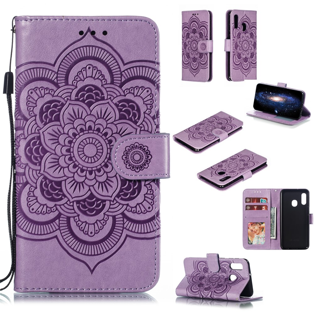 Imprint Mandala Flower Stand Wallet Leather Case for Samsung Galaxy A20e - Purple-1