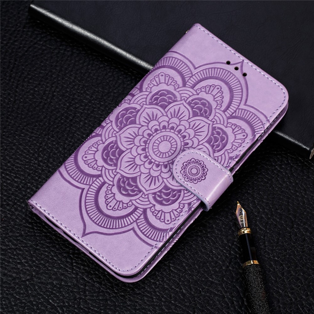 Impressão Mandola Flor Stand Carteira de Couro Para Samsung Galaxy A20e Anti-arranhão Acessório - Roxo-11