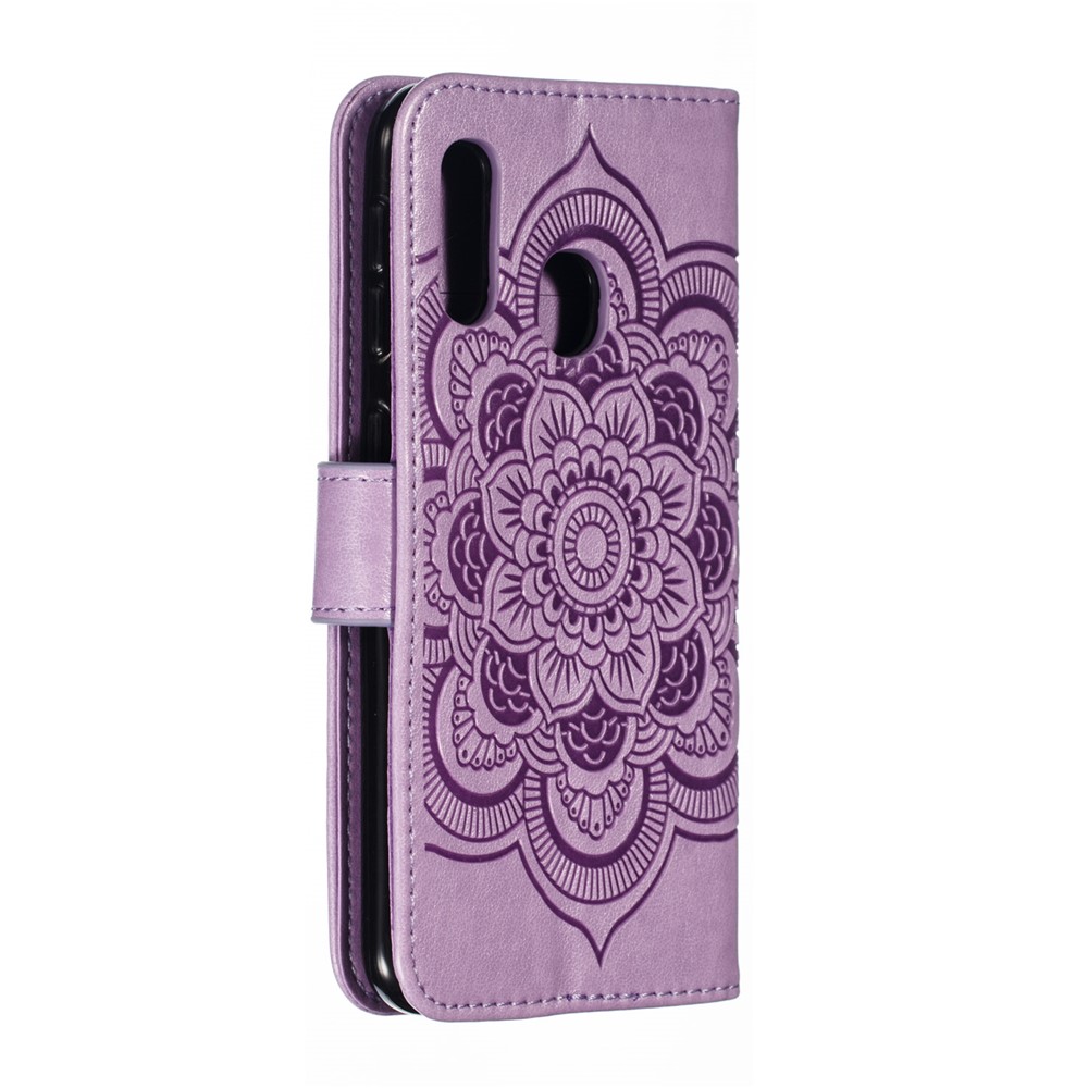 Impressão Mandola Flor Stand Carteira de Couro Para Samsung Galaxy A20e Anti-arranhão Acessório - Roxo