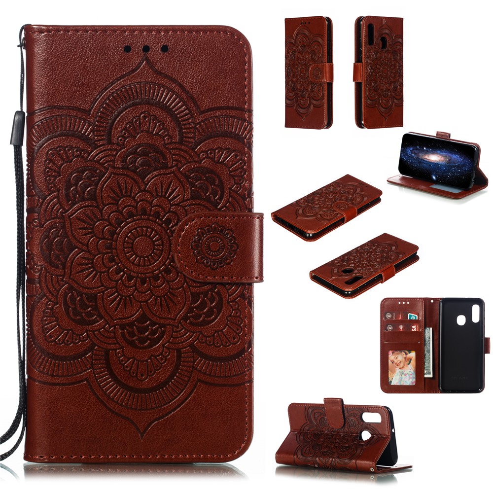Imprint Mandala Flower Stand Wallet Leather Case for Samsung Galaxy A20e - Brown-1