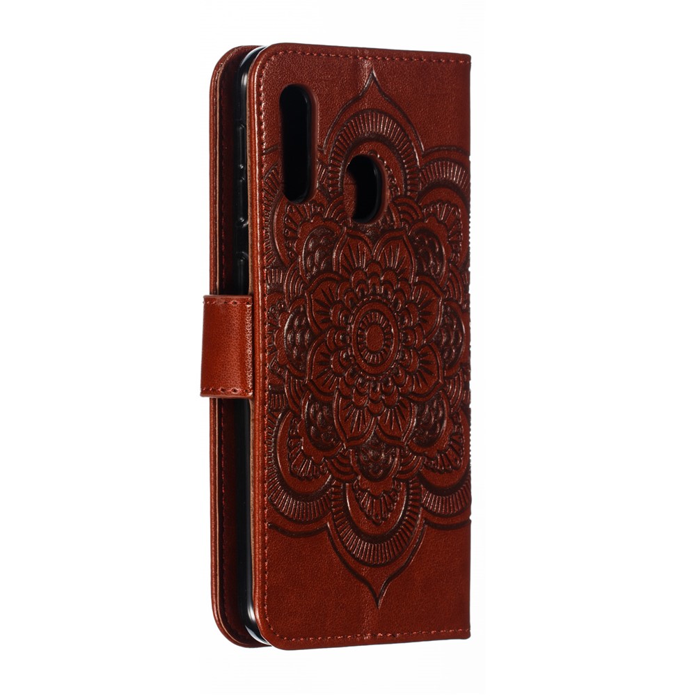 Imprint Mandala Flower Stand Wallet Leather Case for Samsung Galaxy A20e - Brown-4