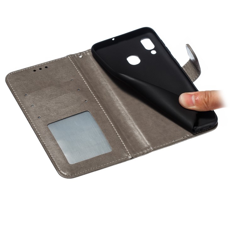 Imprint Mandala Flower Stand Wallet Leather Case for Samsung Galaxy A30 / A20 - Grey-10
