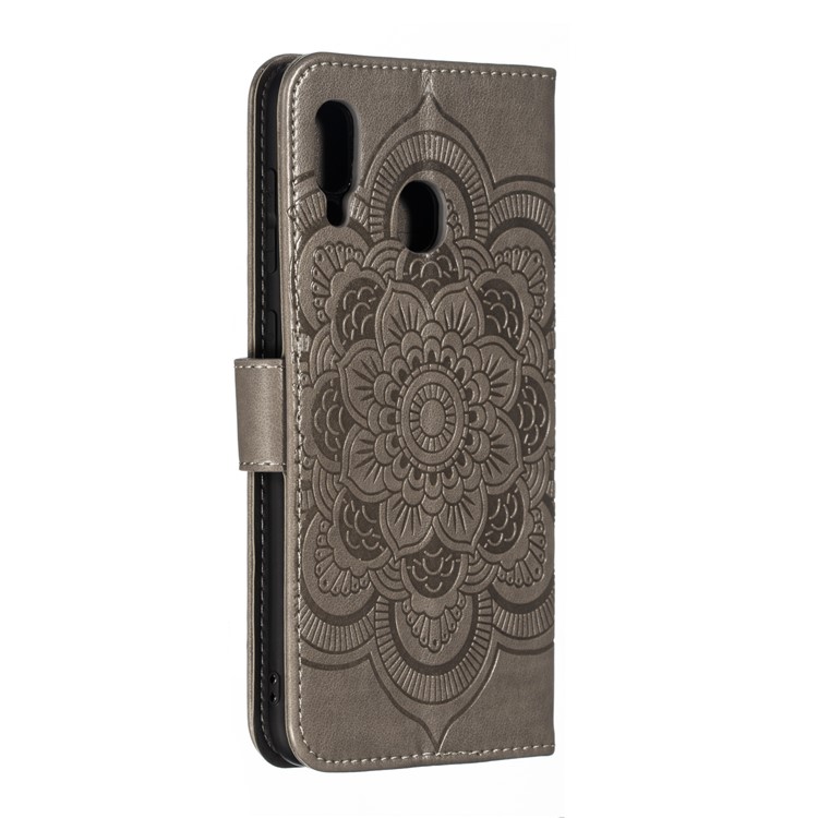 Imprint Mandala Flower Stand Wallet Leather Case for Samsung Galaxy A30 / A20 - Grey-4