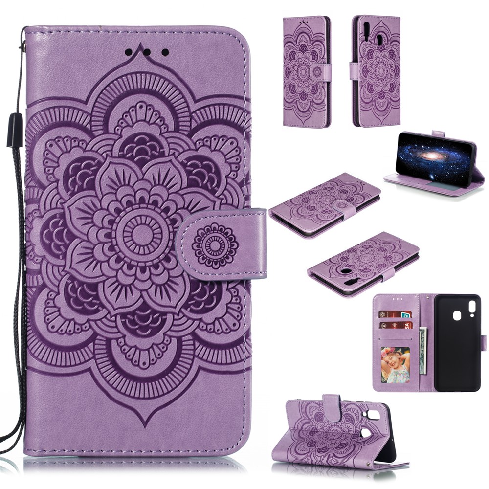 Imprint Mandala Flower Stand Wallet Leather Case for Samsung Galaxy A30 / A20 - Purple-1